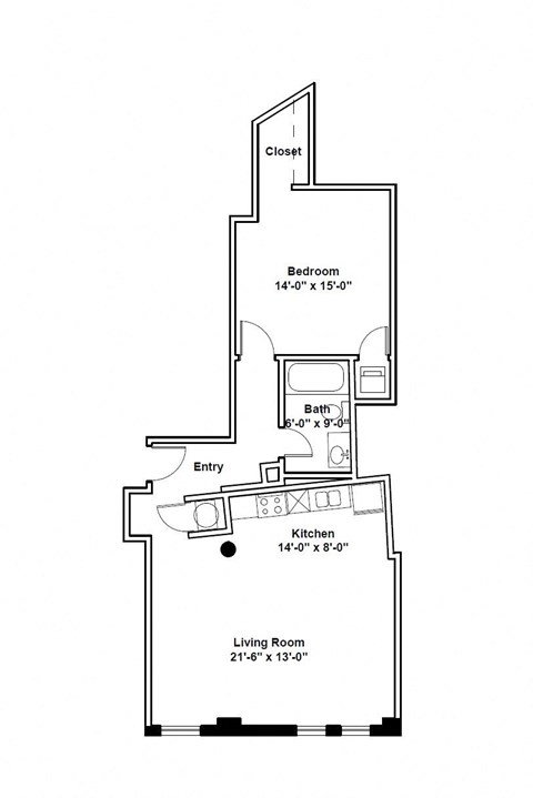 Floor plan for 1 bed, 1 bath, 893 sqft